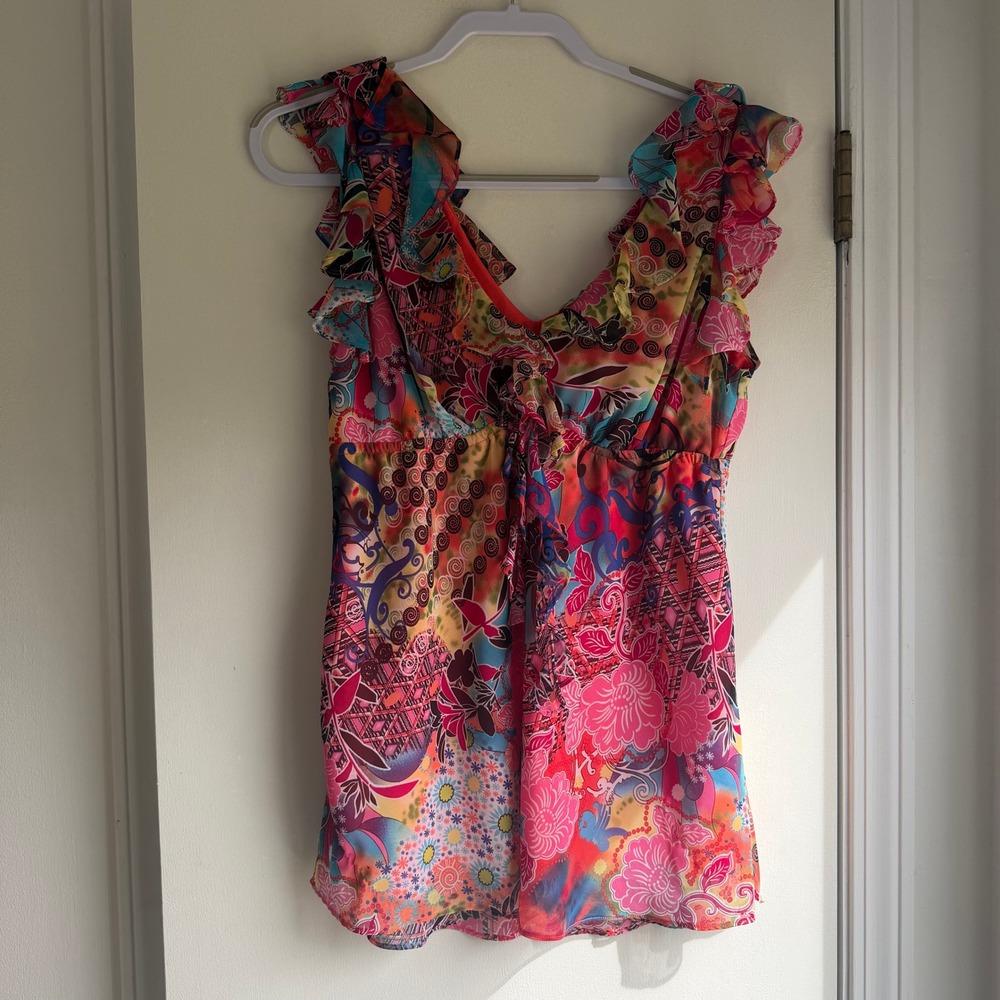 Bisou Bisou Michele Bohbot Pink Floral Patchwork Ruffle Empire Waist Top Large